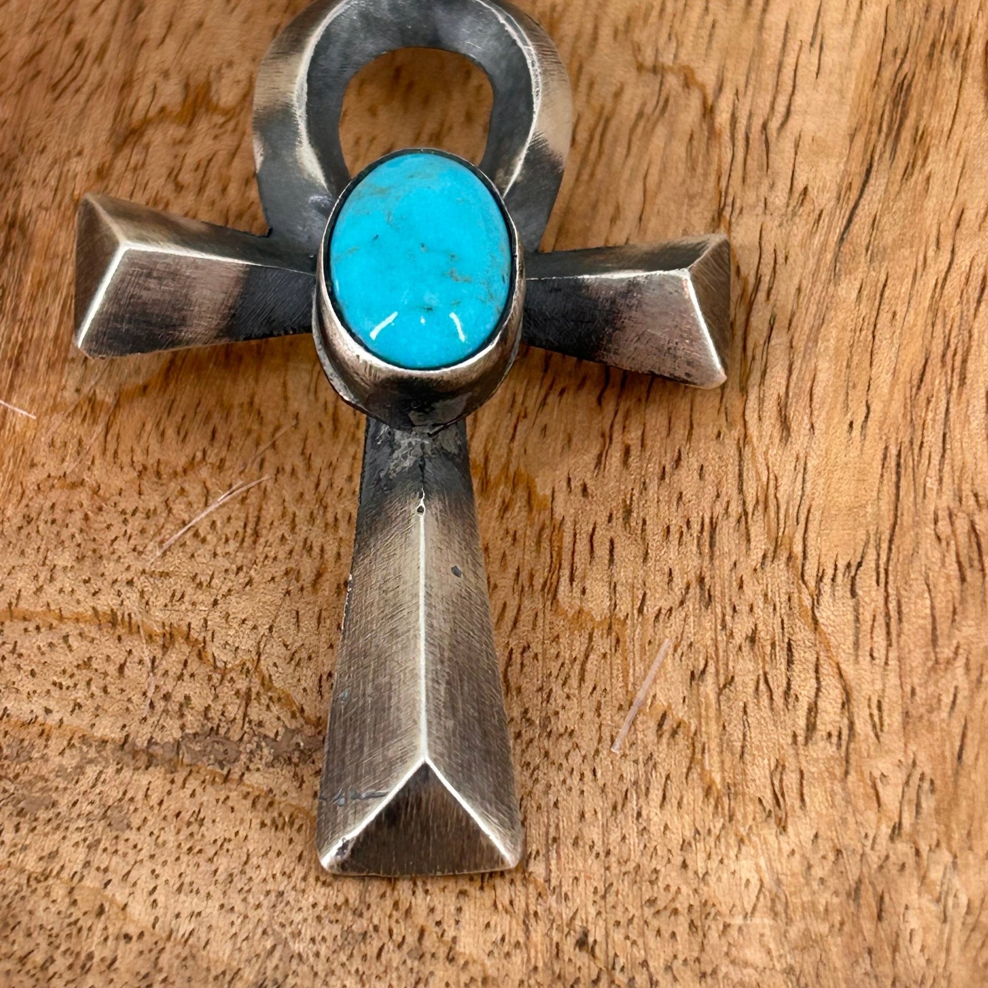 Navajo Sterling Looped Cross Pendant with Kingman Turquoise - Pendant - Stamped - Turquoise Sunset!