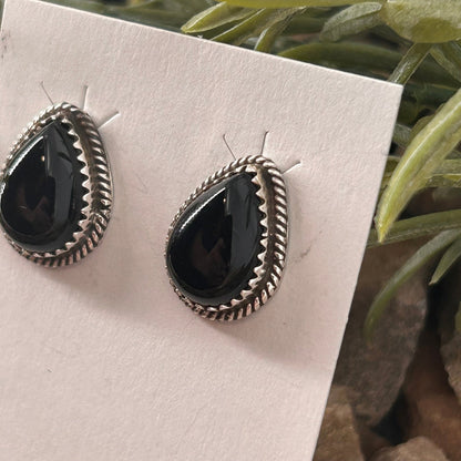 Navajo Sterling Onyx Braided Rope Trim Teardrop Stud Earrings - Theresa Smith - Turquoise Sunset!