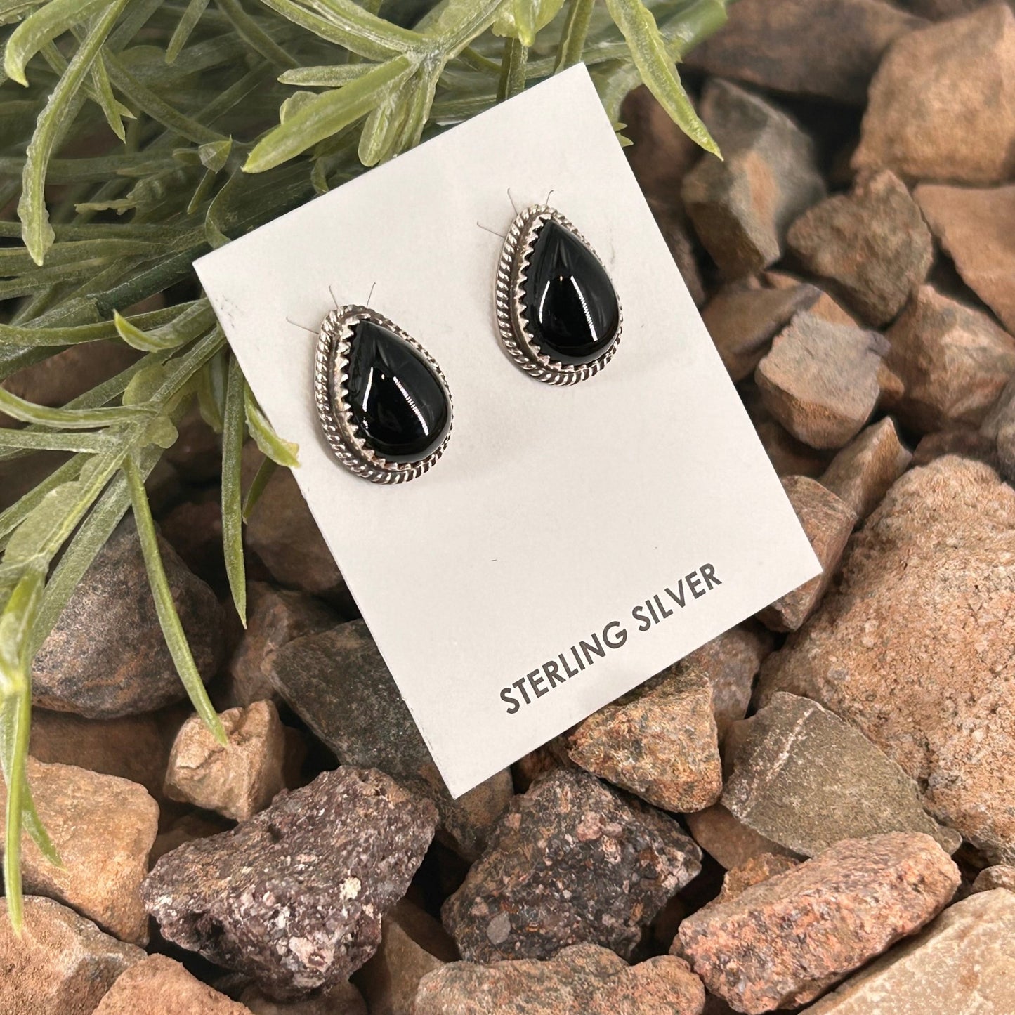 Navajo Sterling Onyx Braided Rope Trim Teardrop Stud Earrings - Earrings - Theresa Smith - Turquoise Sunset!