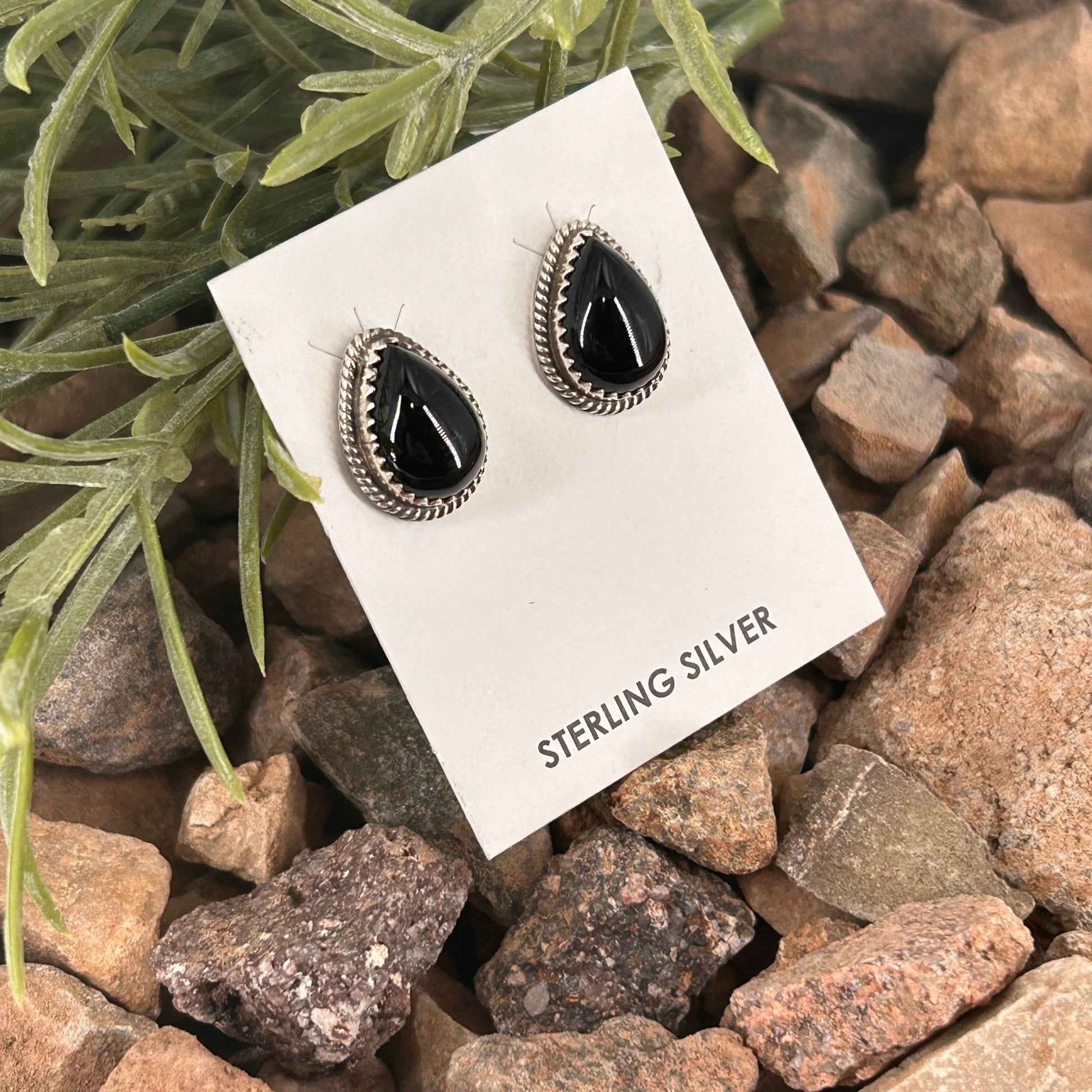 Navajo Sterling Onyx Braided Rope Trim Teardrop Stud Earrings - Earrings - Theresa Smith - Turquoise Sunset!