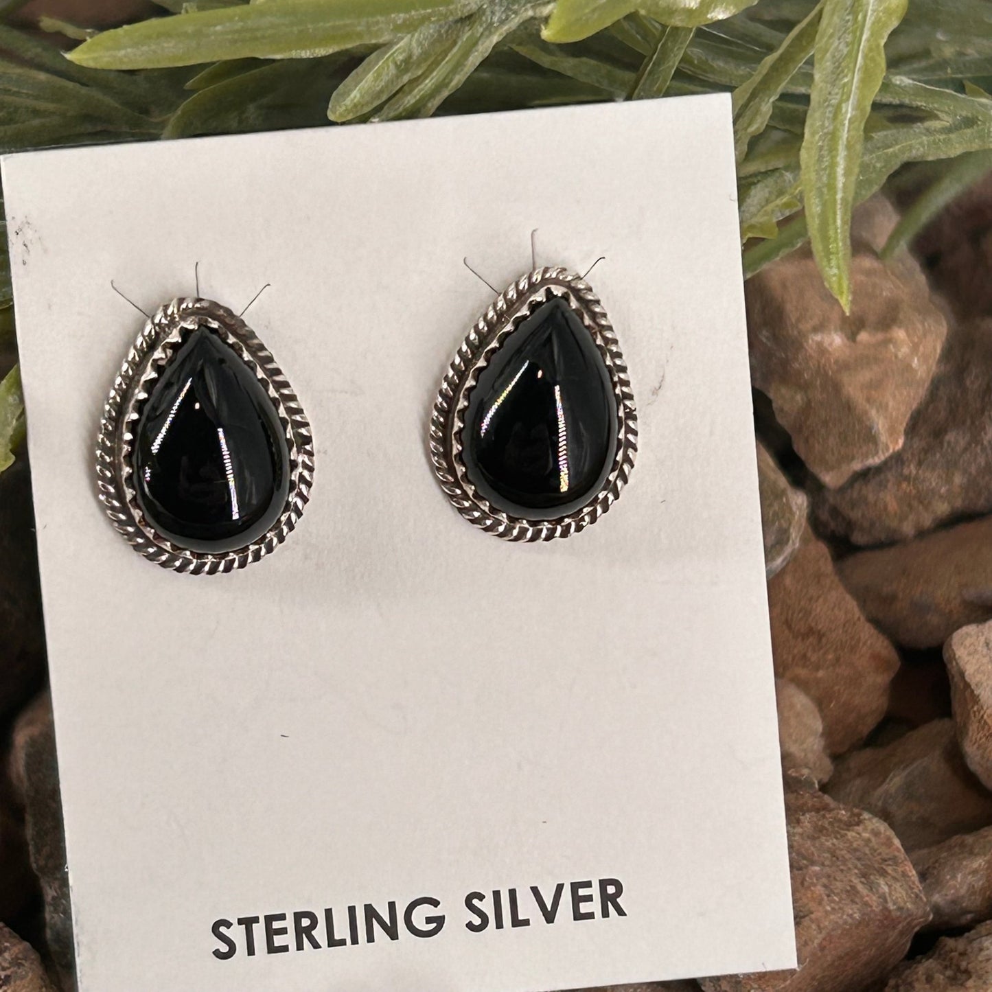 Navajo Sterling Onyx Braided Rope Trim Teardrop Stud Earrings - Earrings - Theresa Smith - Turquoise Sunset!