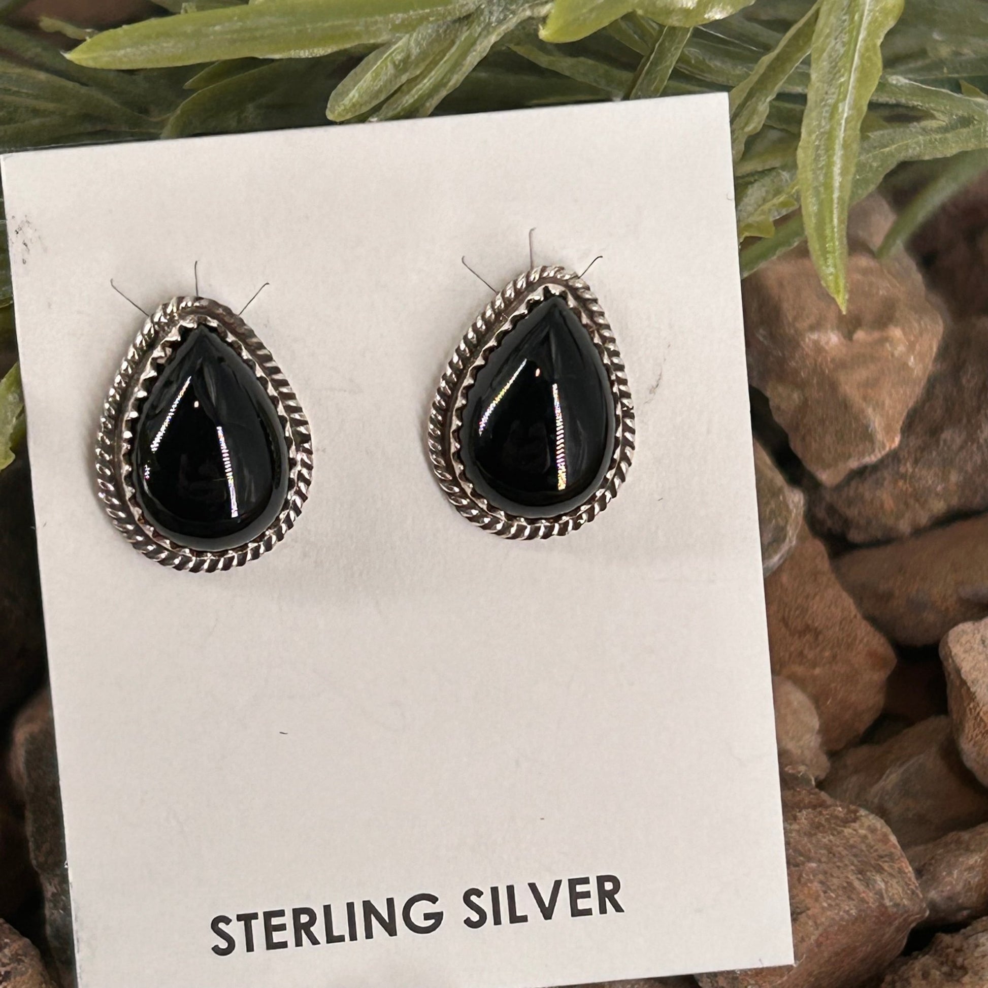 Navajo Sterling Onyx Braided Rope Trim Teardrop Stud Earrings - Earrings - Theresa Smith - Turquoise Sunset!