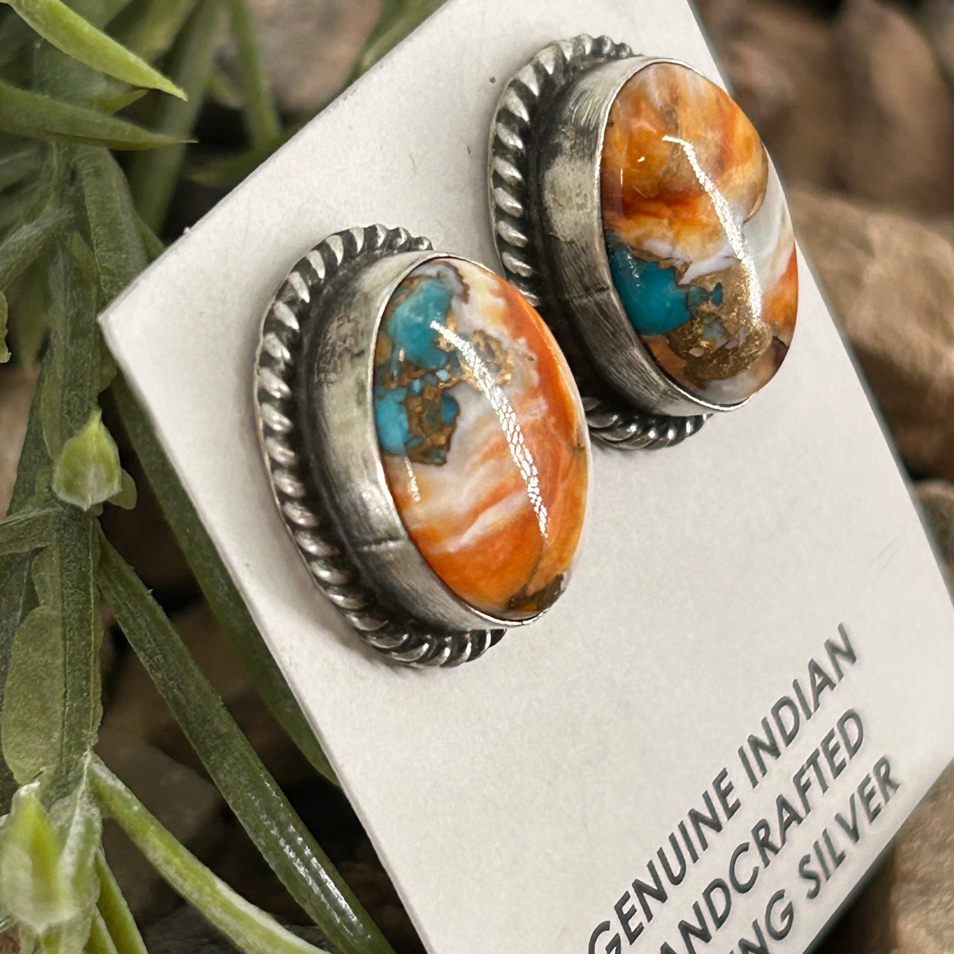 Navajo Sterling Orange Krush Braided Rope Stud Earrings - Earrings - Judith Dixon - Turquoise Sunset!
