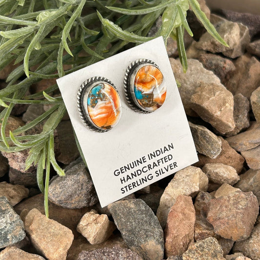 Navajo Sterling Orange Krush Braided Rope Stud Earrings - Earrings - Judith Dixon - Turquoise Sunset!