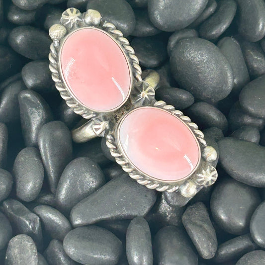 Navajo Sterling Pink Conch 2 Stone Braided Rope Trim Ring - Rings - Eugene Belone - Turquoise Sunset!