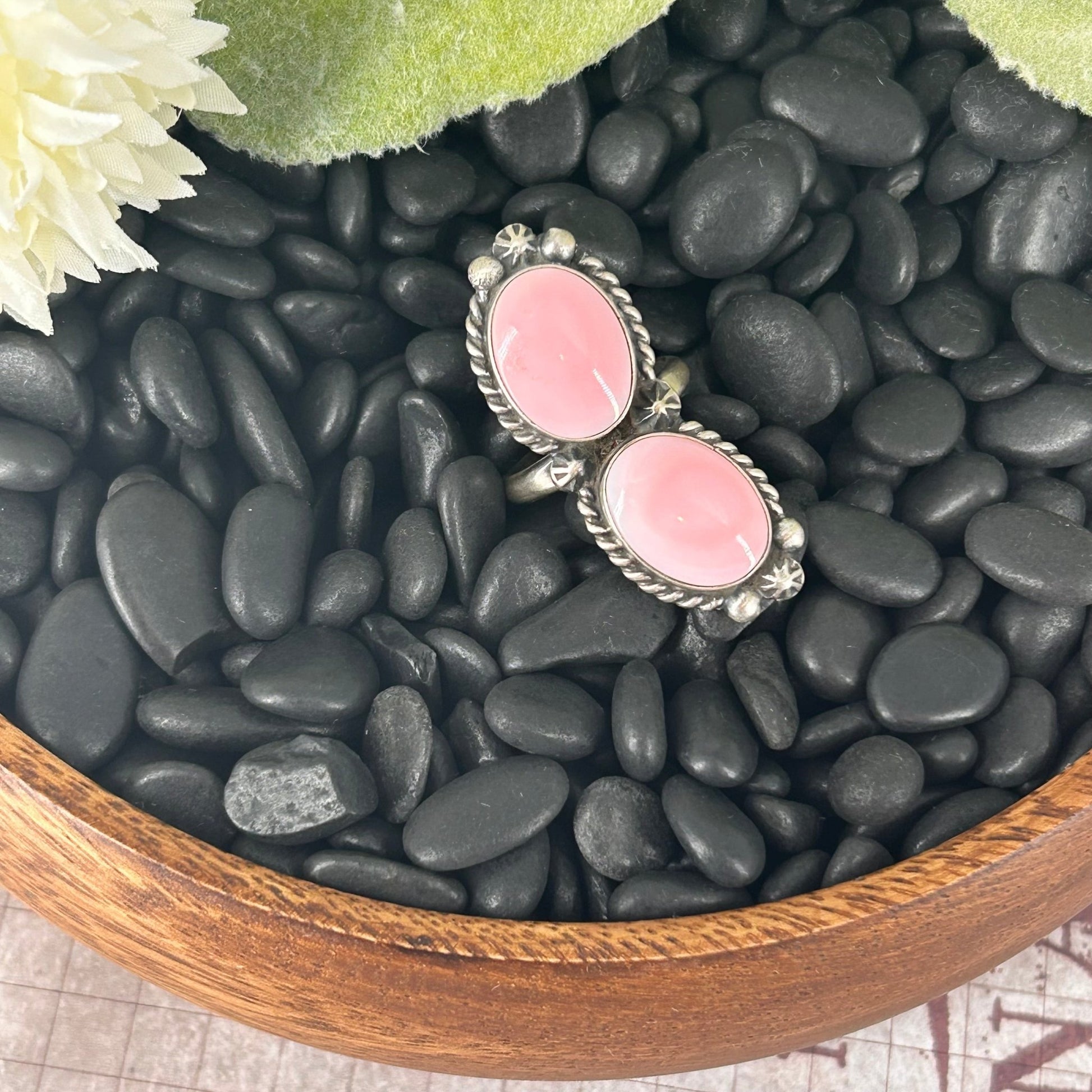 Navajo Sterling Pink Conch 2 Stone Braided Rope Trim Ring - Rings - Eugene Belone - Turquoise Sunset!