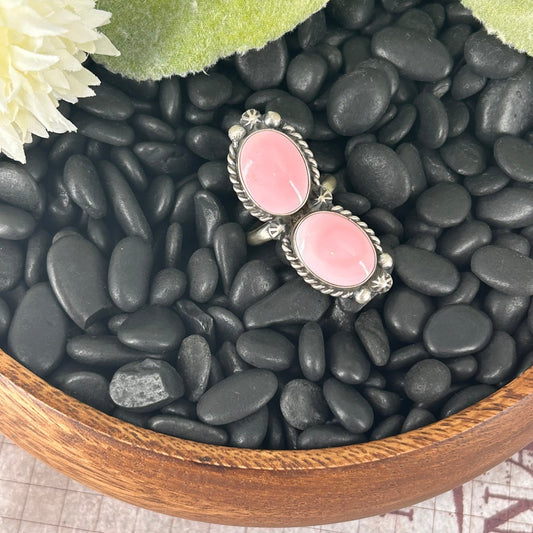 Navajo Sterling Pink Conch 2 Stone Braided Rope Trim Ring - Rings - Eugene Belone - Turquoise Sunset!