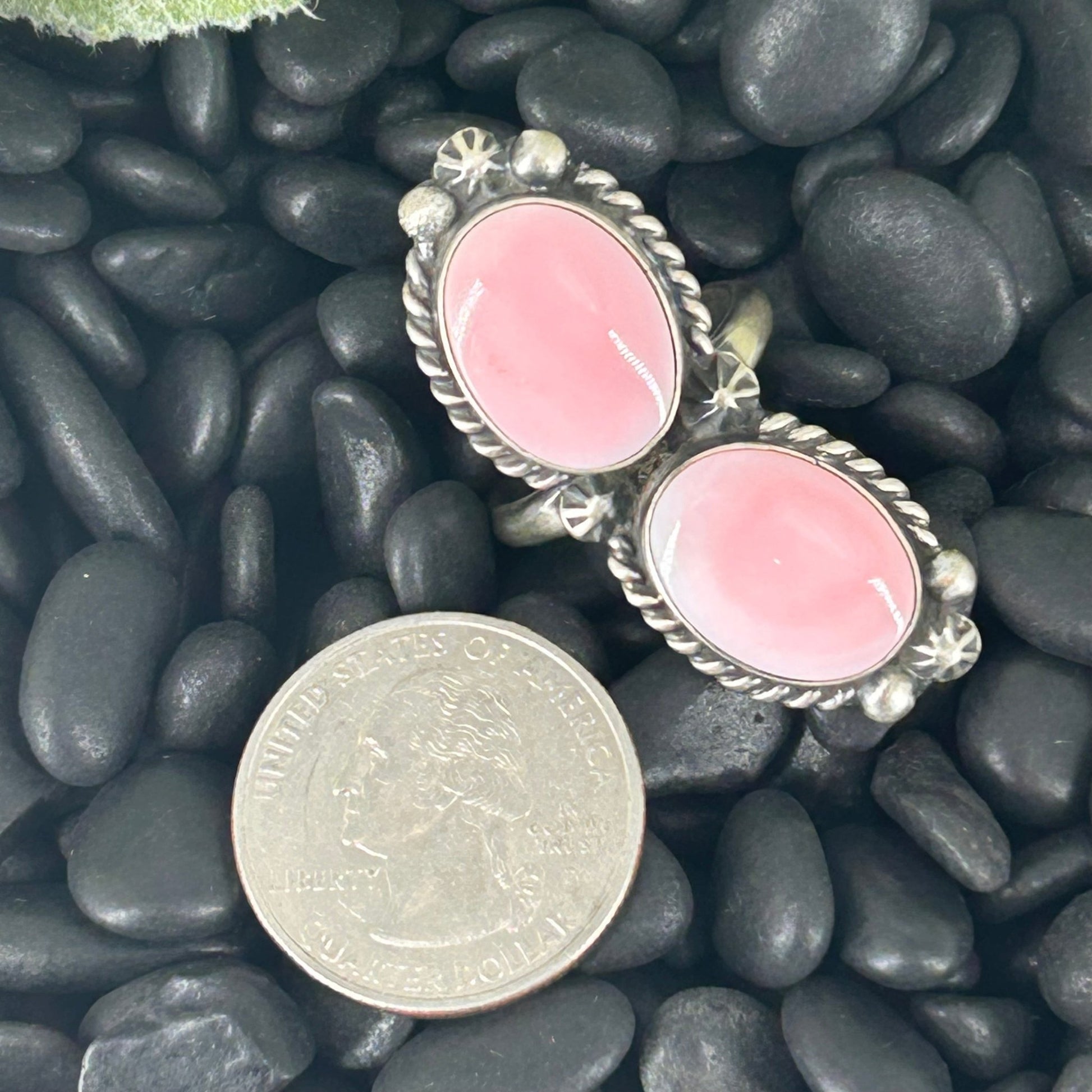 Navajo Sterling Pink Conch 2 Stone Braided Rope Trim Ring - Rings - Eugene Belone - Turquoise Sunset!
