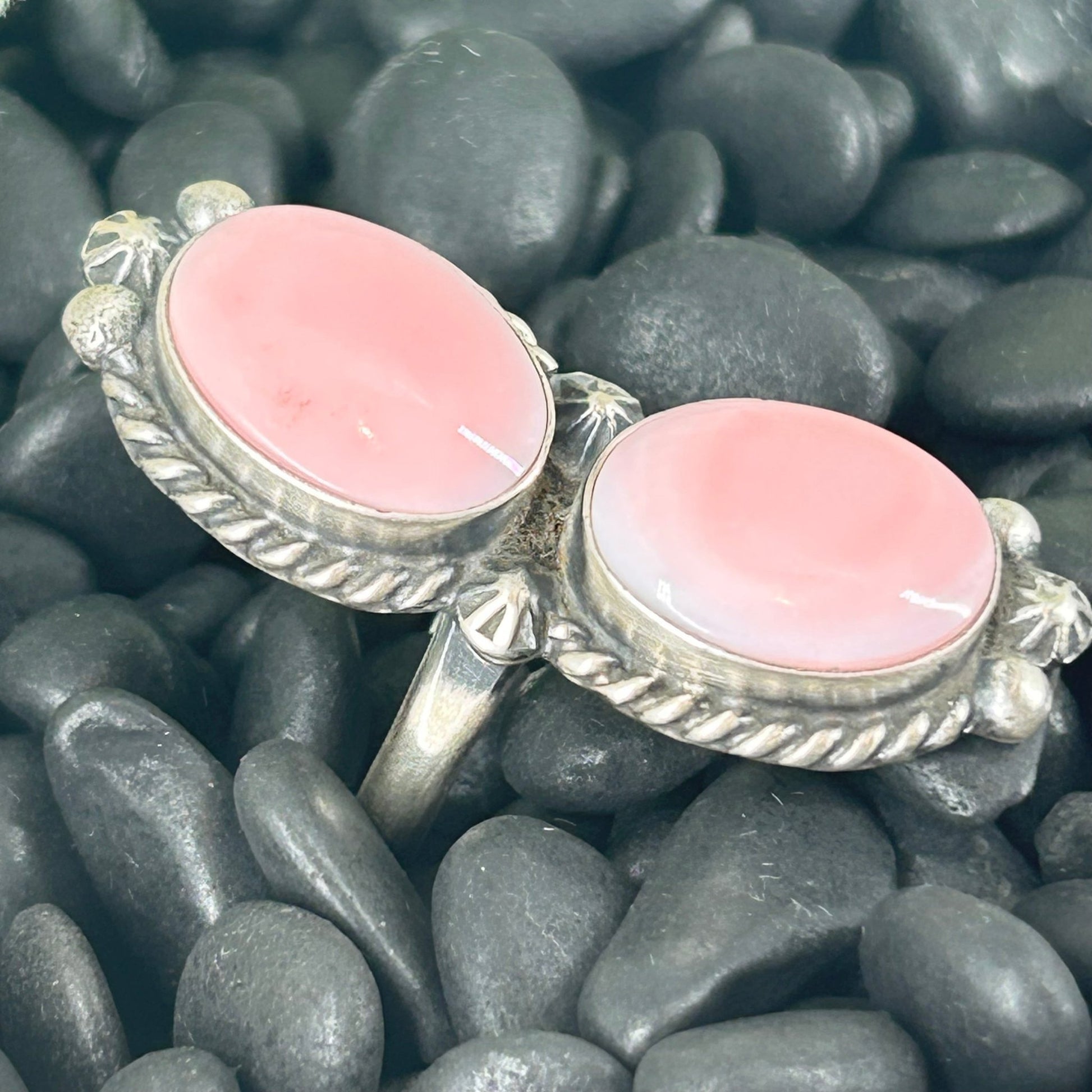 Navajo Sterling Pink Conch 2 Stone Braided Rope Trim Ring - Rings - Eugene Belone - Turquoise Sunset!