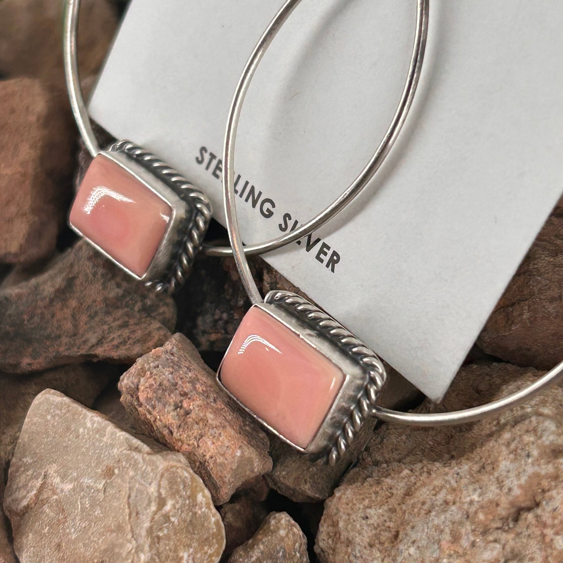 Navajo Sterling Pink Conch Braided Rope Hoop Earrings - Earrings - Elouise Kee - Turquoise Sunset!