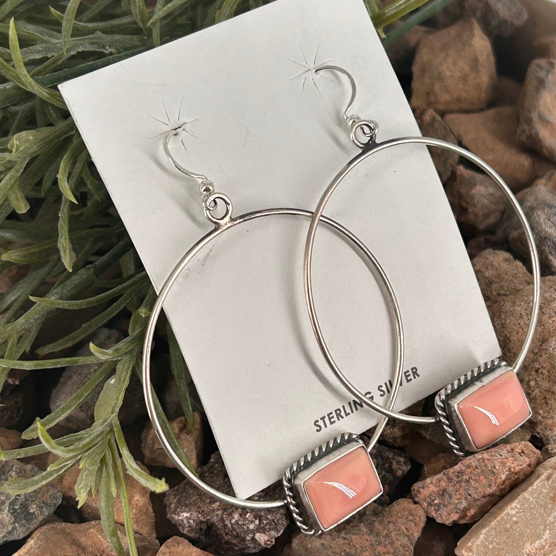 Navajo Sterling Pink Conch Braided Rope Hoop Earrings - Earrings - Elouise Kee - Turquoise Sunset!