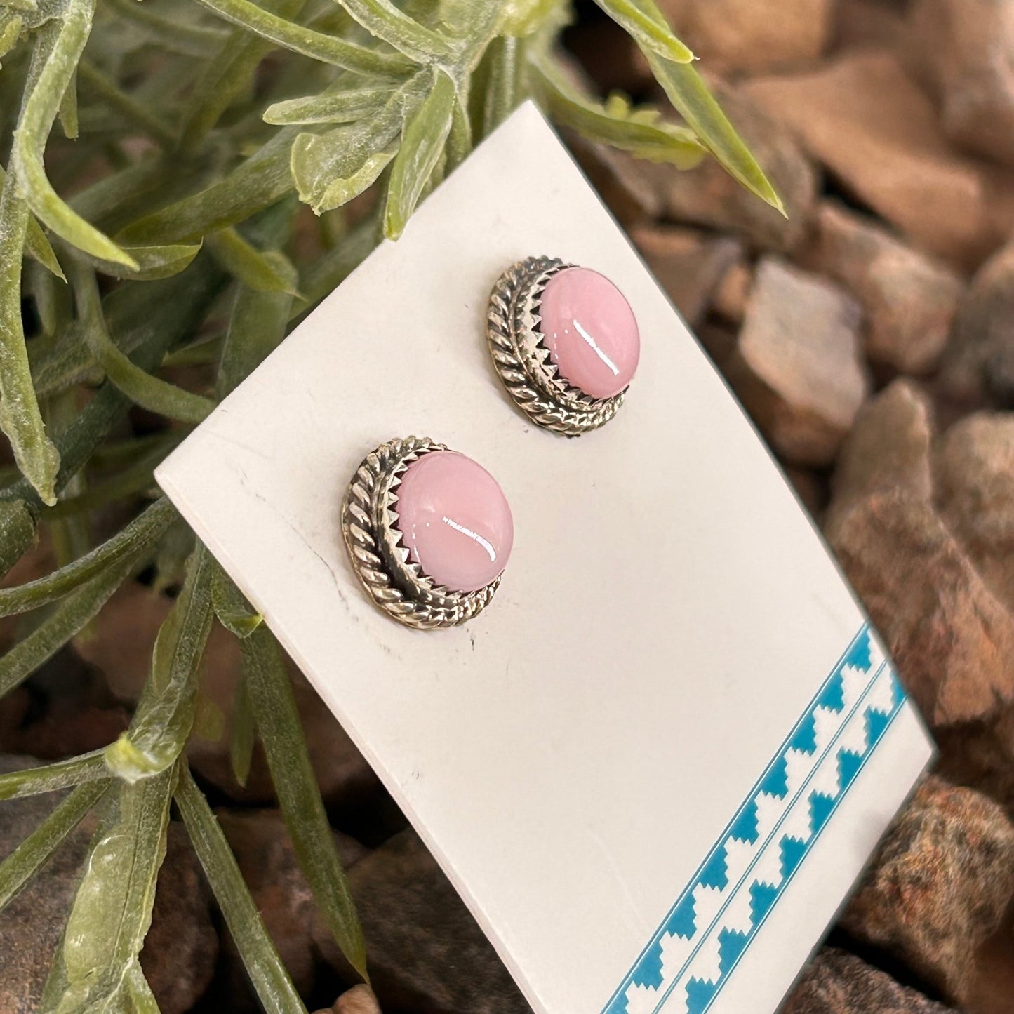 Navajo Sterling Pink Conch Round Button Stud Earrings - Earrings - Esther White - Turquoise Sunset!