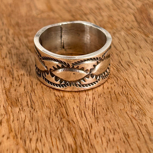 Navajo Sterling Silver & Black Stamped Design Ring 8.5 - Rings - Stamped - Turquoise Sunset!