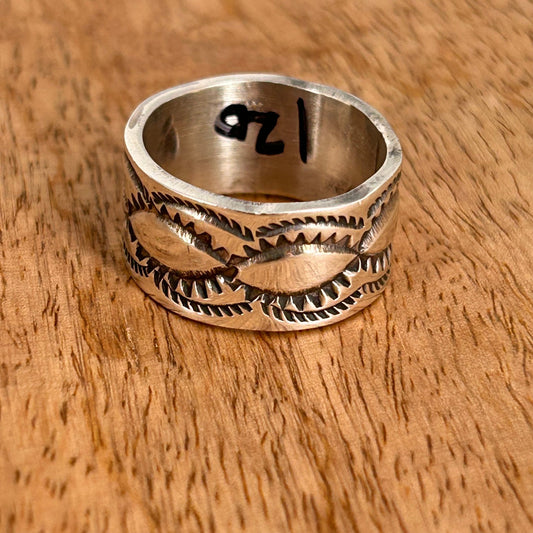 Navajo Sterling Silver & Black Stamped Design Ring 8.5 - Rings - Stamped - Turquoise Sunset!