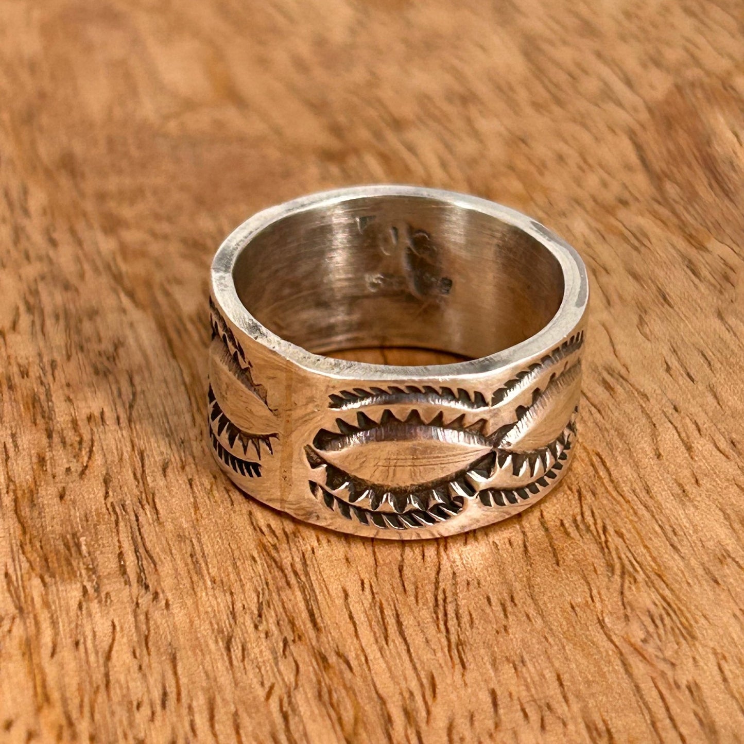 Navajo Sterling Silver & Black Stamped Design Ring 8.5 - Rings - Stamped - Turquoise Sunset!