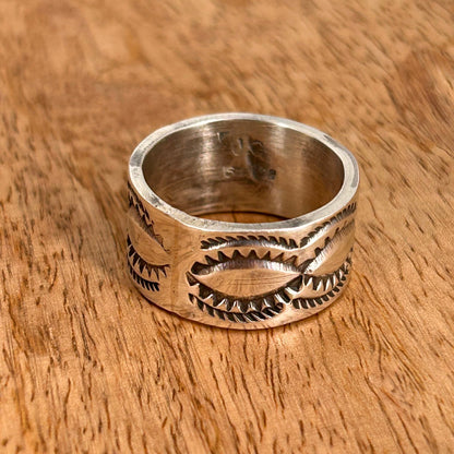 Navajo Sterling Silver & Black Stamped Design Ring 8.5 - Stamped - Turquoise Sunset!