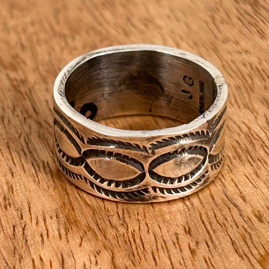Navajo Sterling Silver & Black Stamped Design Ring 9 - Rings - Stamped - Turquoise Sunset!