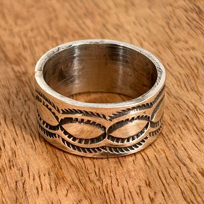 Navajo Sterling Silver & Black Stamped Design Ring 9 - Stamped - Turquoise Sunset!