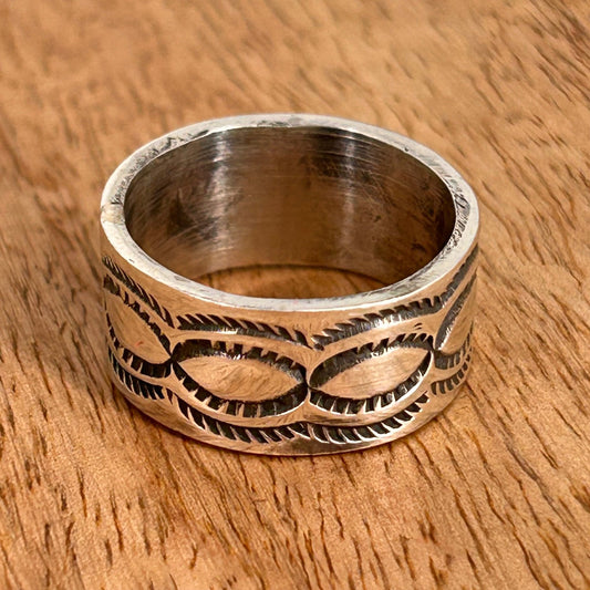 Navajo Sterling Silver & Black Stamped Design Ring 9 - Rings - Stamped - Turquoise Sunset!