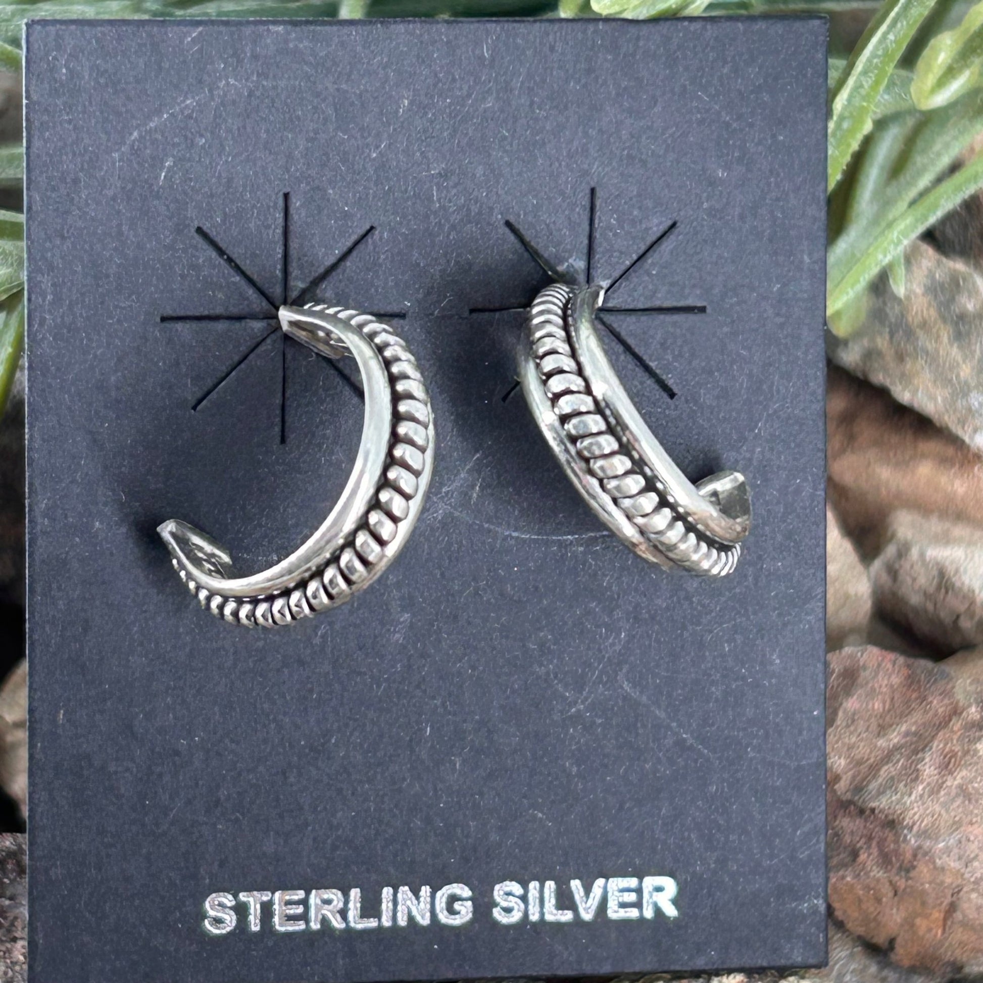 Navajo Sterling Silver Braided Rope .66 inch Hoop Earrings - Earrings - Karletts Yazzie - Turquoise Sunset!