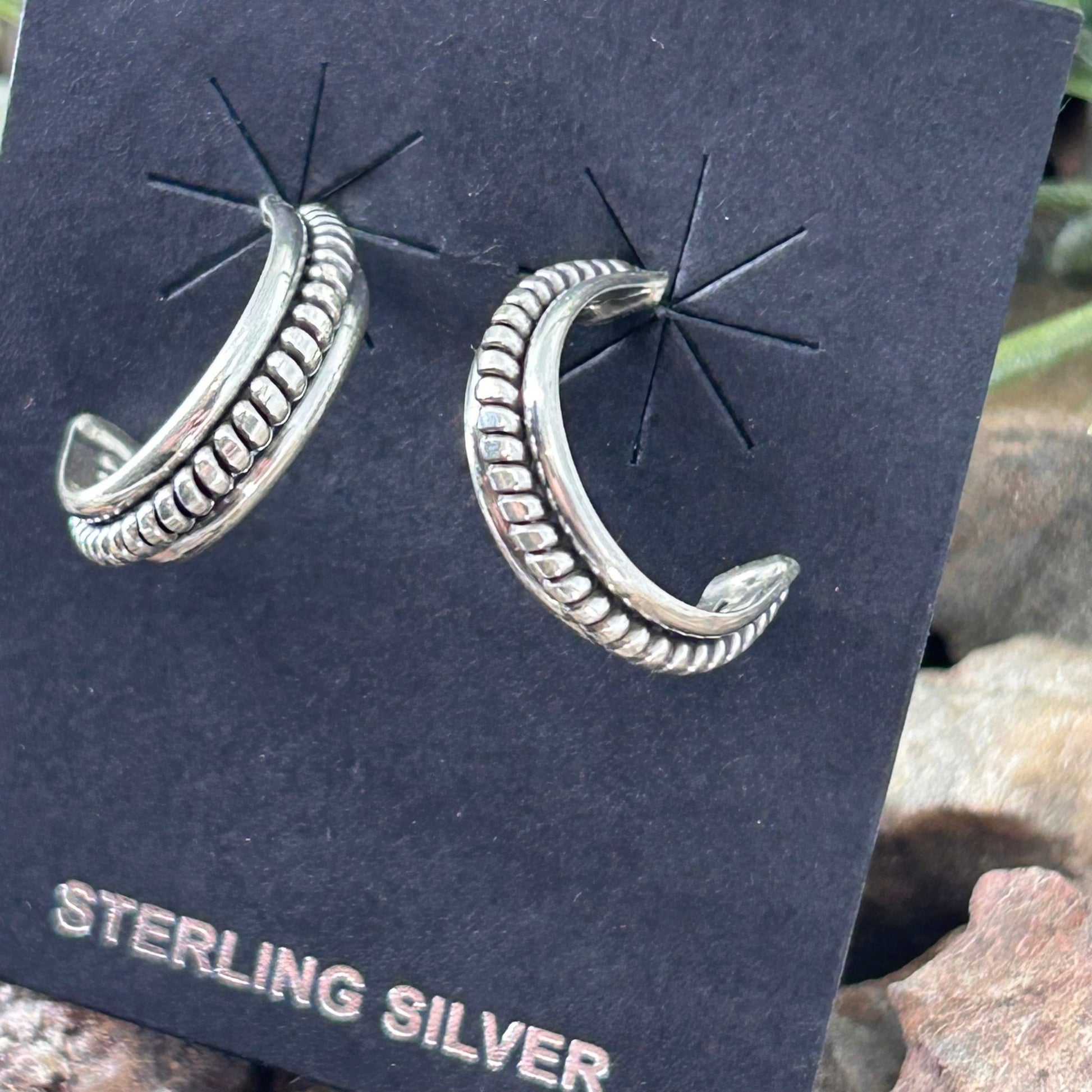 Navajo Sterling Silver Braided Rope .66 inch Hoop Earrings - Earrings - Karletts Yazzie - Turquoise Sunset!