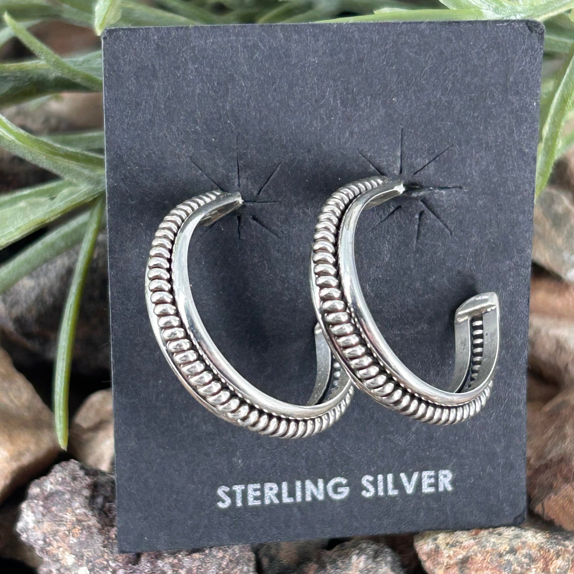 Navajo Sterling Silver Braided Rope .96 inch Hoop Earrings - Earrings - Caroline Yazzie - Turquoise Sunset!