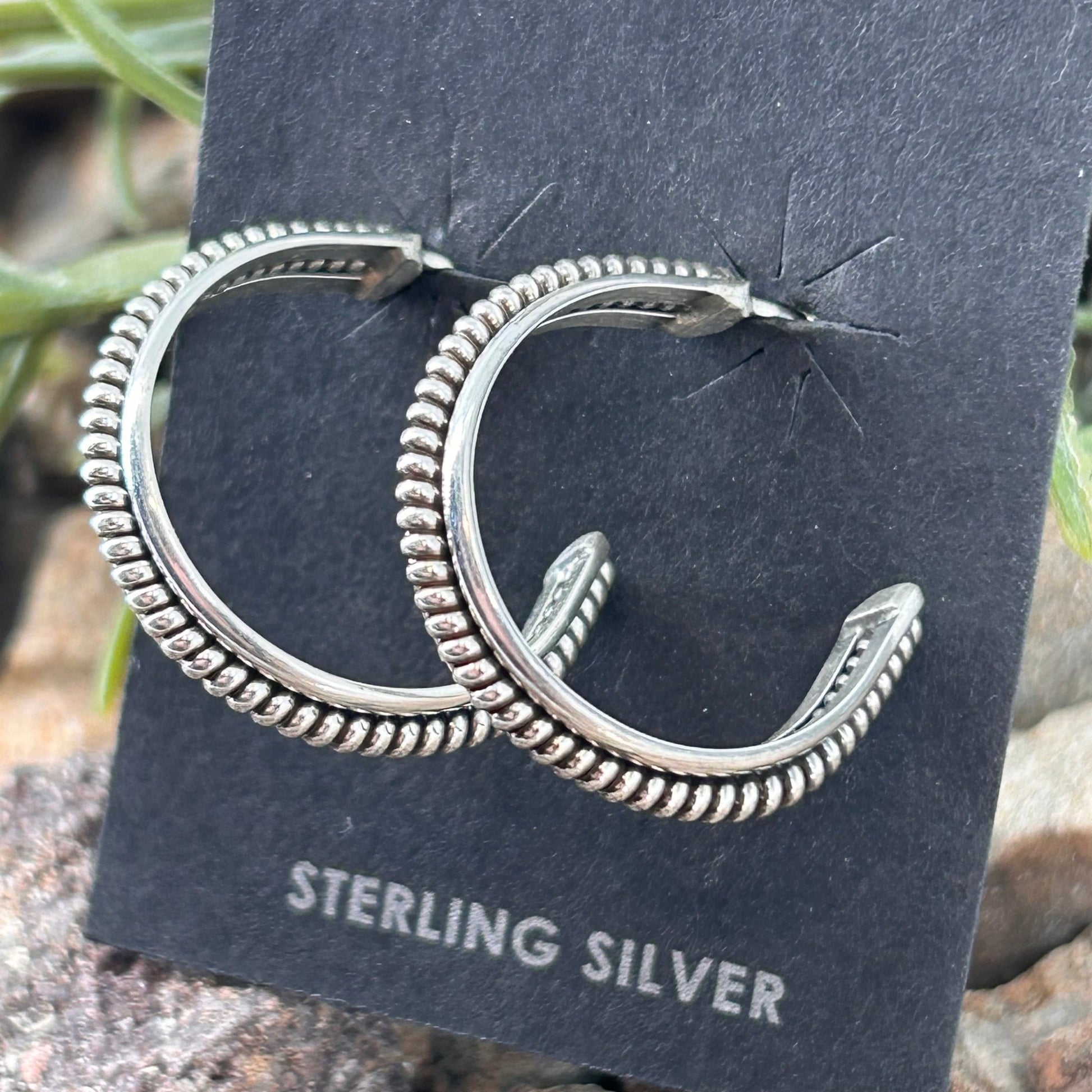 Navajo Sterling Silver Braided Rope .96 inch Hoop Earrings - Earrings - Caroline Yazzie - Turquoise Sunset!