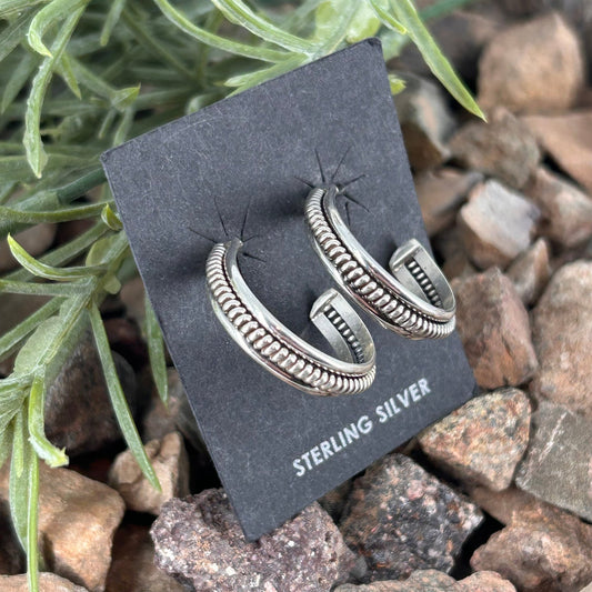 Navajo Sterling Silver Braided Rope .96 inch Hoop Earrings - Earrings - Caroline Yazzie - Turquoise Sunset!