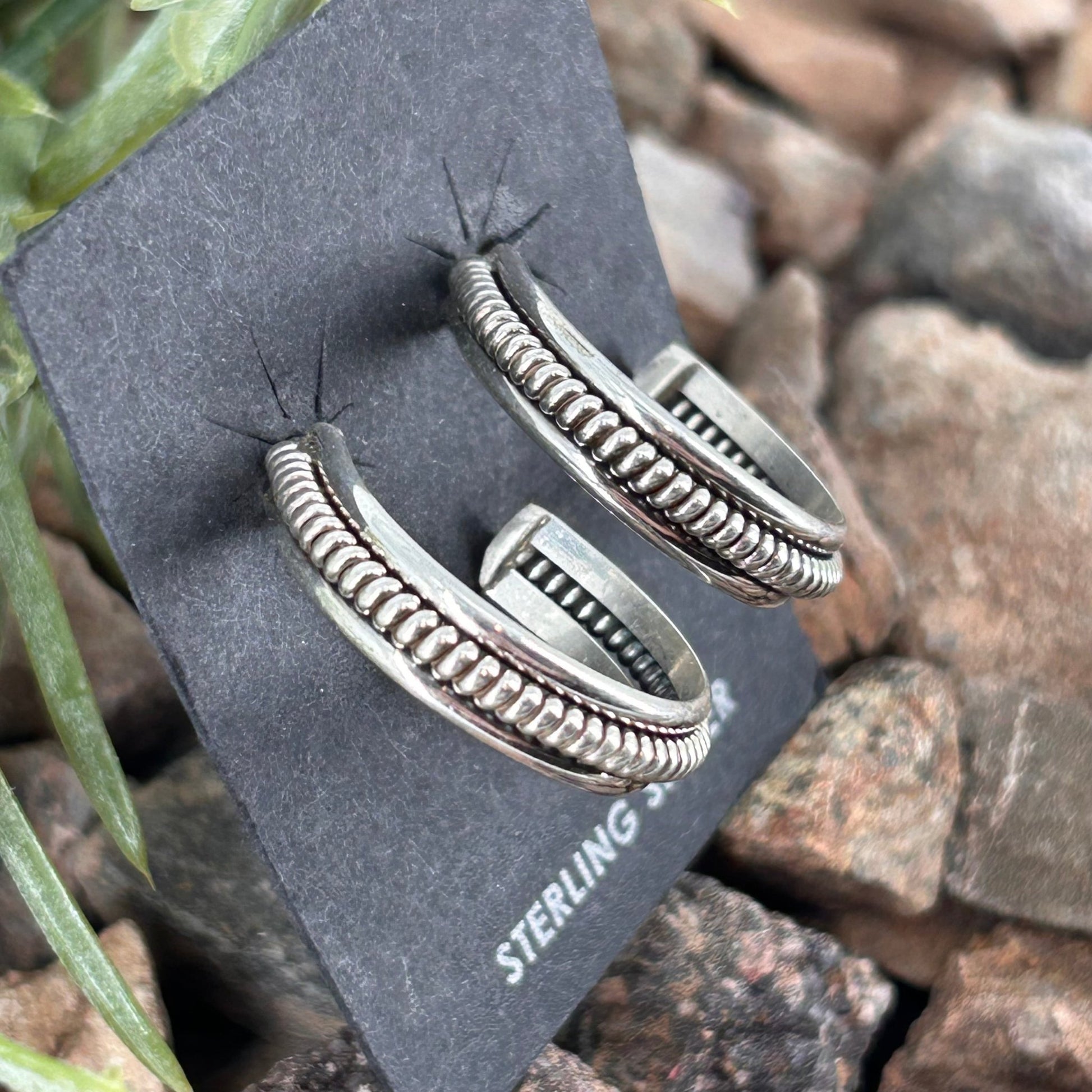 Navajo Sterling Silver Braided Rope .96 inch Hoop Earrings - Earrings - Caroline Yazzie - Turquoise Sunset!