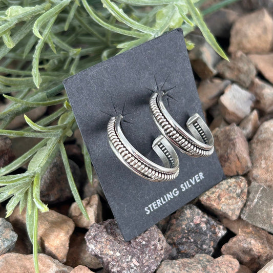 Navajo Sterling Silver Braided Rope .96 inch Hoop Earrings - Earrings - Caroline Yazzie - Turquoise Sunset!