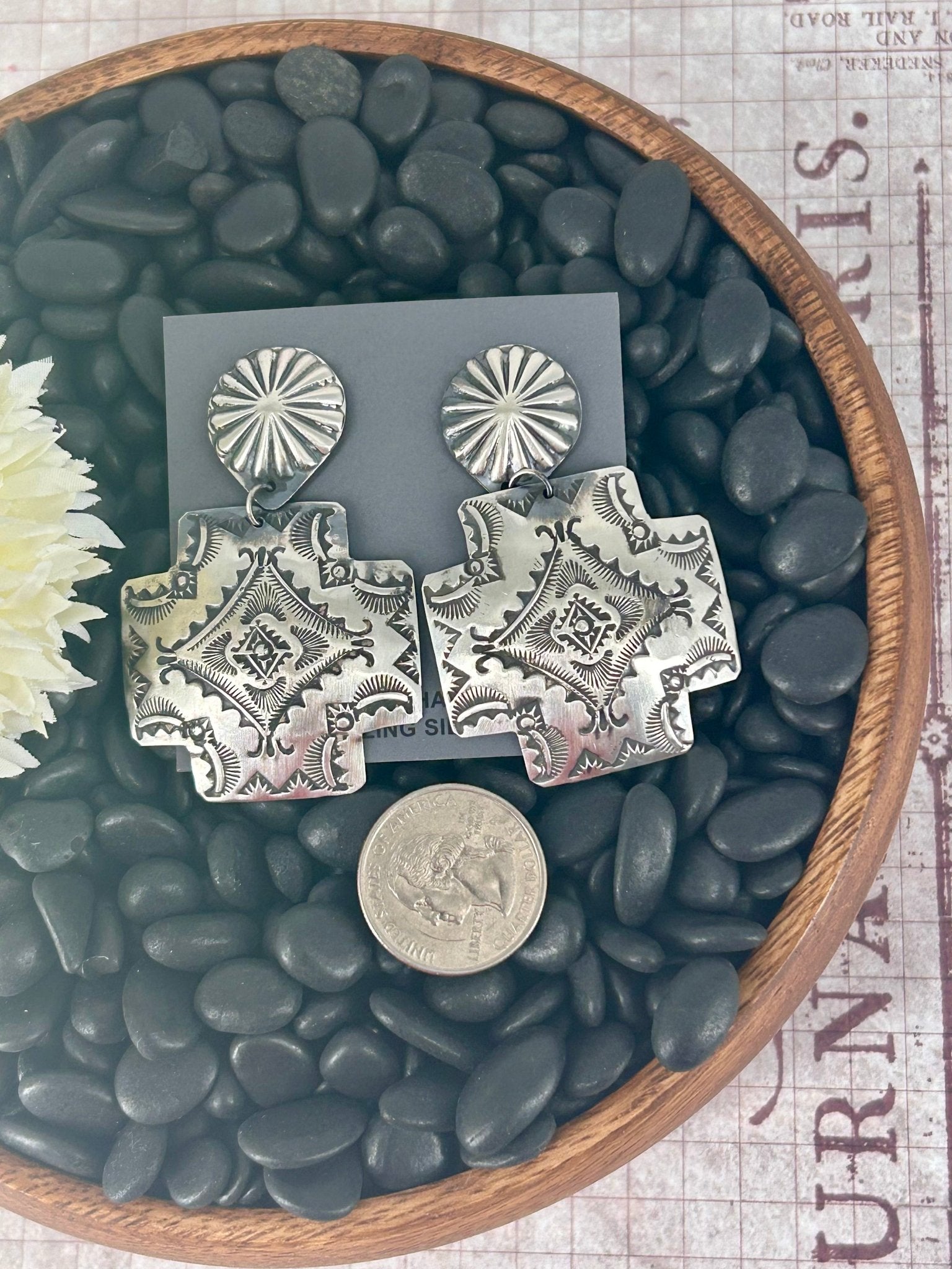 Navajo Sterling Silver Stamped Dangle Earrings - Vince Platero - Turquoise Sunset!