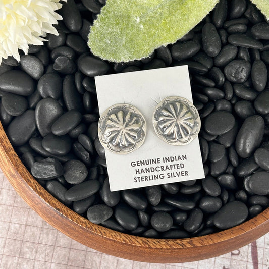 Navajo Sterling Silver Stamped Turtle Shell Design Earrings - Earrings - Joan Begay - Turquoise Sunset!