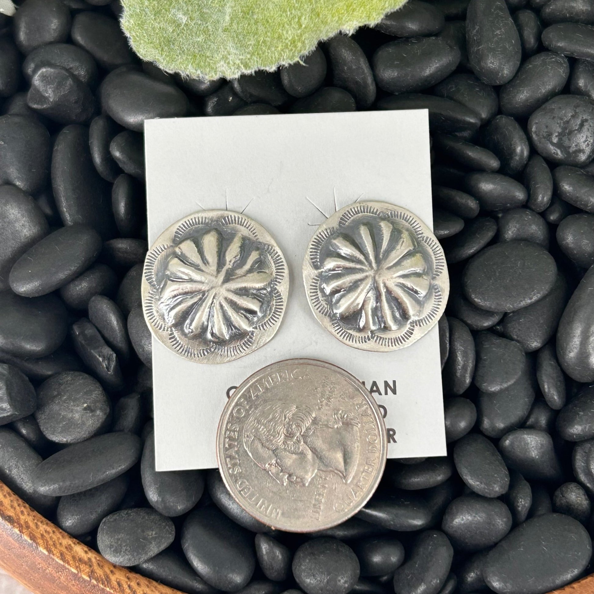 Navajo Sterling Silver Stamped Turtle Shell Design Earrings - Earrings - Joan Begay - Turquoise Sunset!