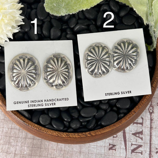 Navajo Sterling Silver Stamped Turtle Shell Design Earrings - Earrings - Joan Begay - Turquoise Sunset!