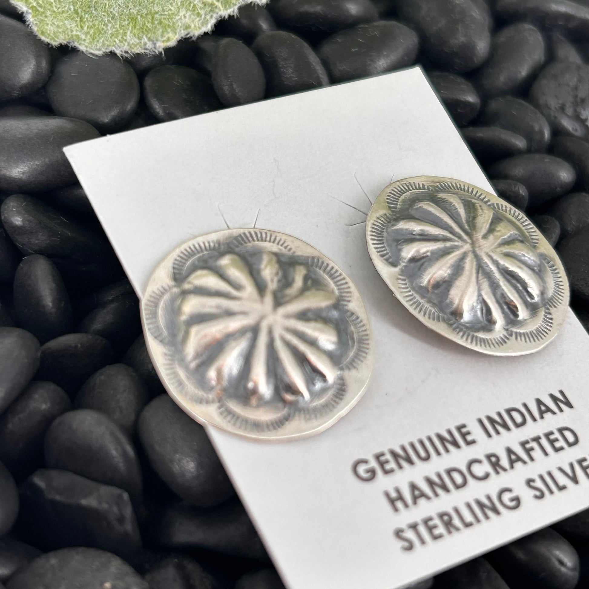 Navajo Sterling Silver Stamped Turtle Shell Design Earrings - Earrings - Joan Begay - Turquoise Sunset!