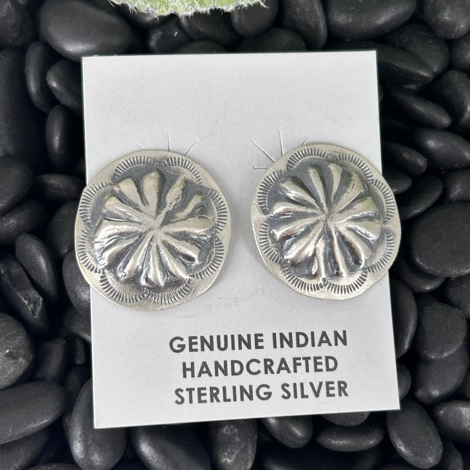 Navajo Sterling Silver Stamped Turtle Shell Design Earrings - Earrings - Joan Begay - Turquoise Sunset!