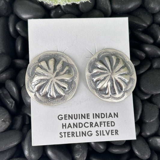 Navajo Sterling Silver Stamped Turtle Shell Design Earrings - Earrings - Joan Begay - Turquoise Sunset!