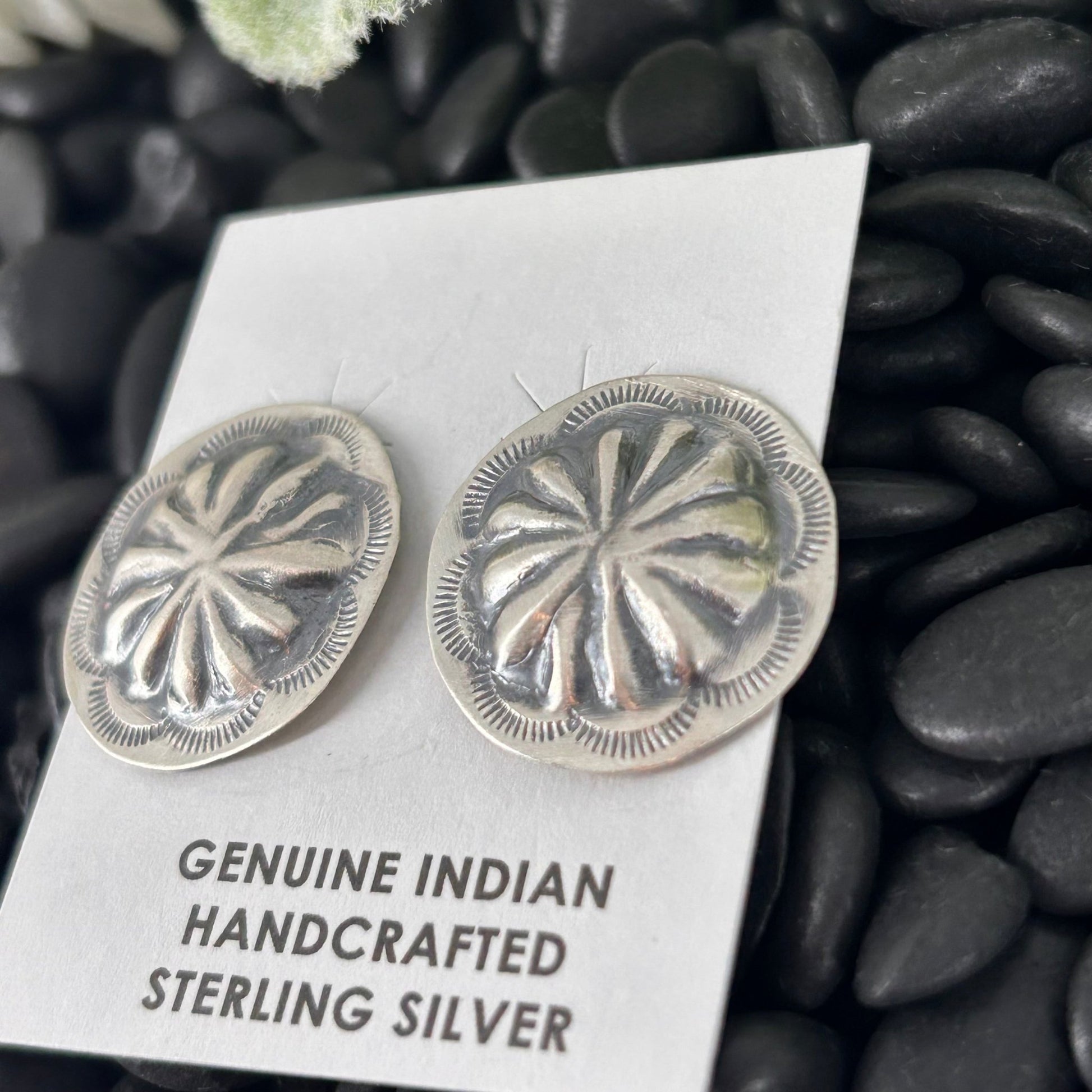 Navajo Sterling Silver Stamped Turtle Shell Design Earrings - Earrings - Joan Begay - Turquoise Sunset!
