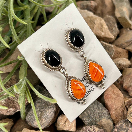 Navajo Sterling Spiny & Onyx Braided Dangle Earrings - Earrings - Theresa Smith - Turquoise Sunset!