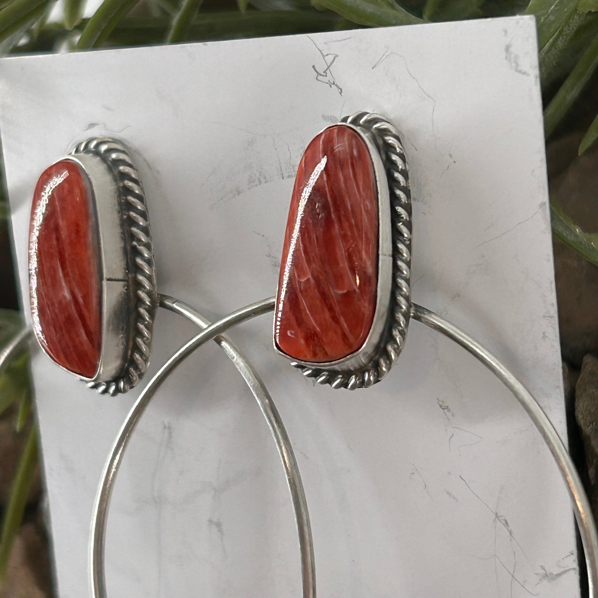 Navajo Sterling Spiny Oyster Braided Rope Hoop Earrings - Earrings - Elouise Kee - Turquoise Sunset!