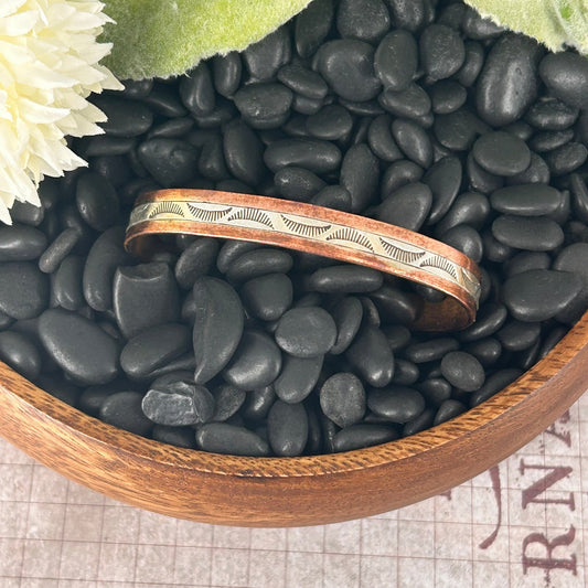 Navajo Sterling Stamped Design Copper Trim Cuff Bracelet - Bracelets - Wylie Secatero - Turquoise Sunset!