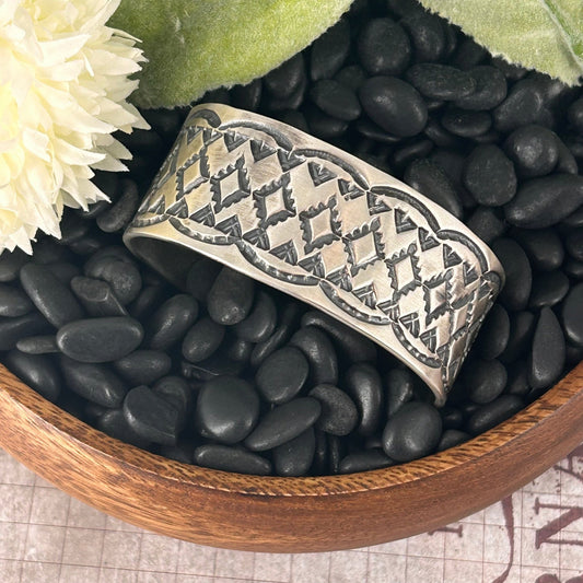 Navajo Sterling Stamped Design Heavy Cuff Bracelet - Bracelets - Stamped - Turquoise Sunset!