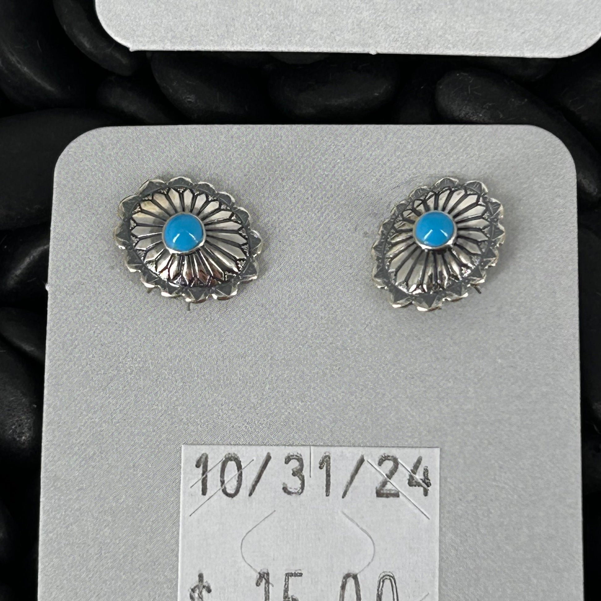 Sterling Stamped Flower Kingman Turquoise Earrings - Earrings - Stamped - Turquoise Sunset!