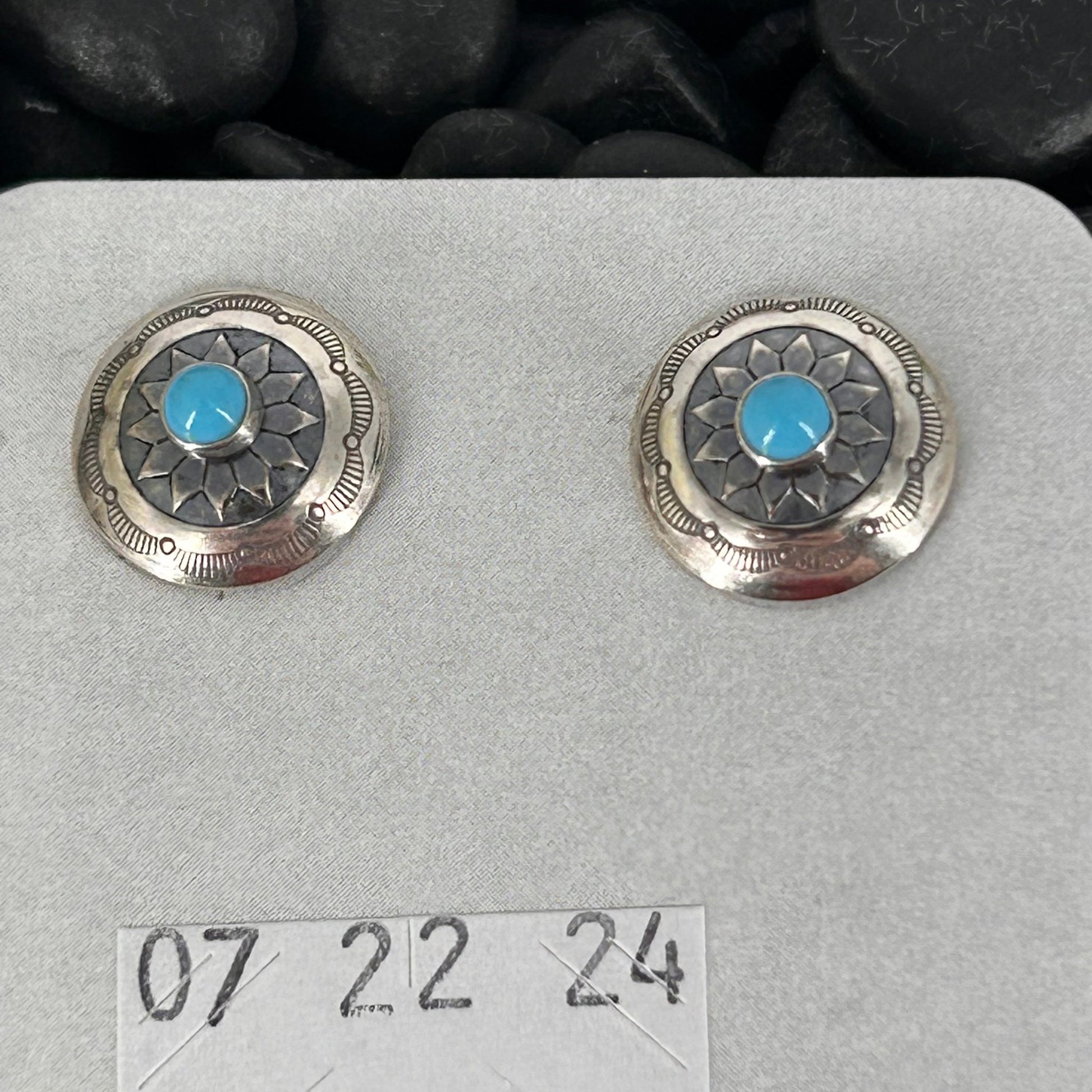 Sterling Stamped Flower Kingman Turquoise Earrings - Earrings - Stamped - Turquoise Sunset!