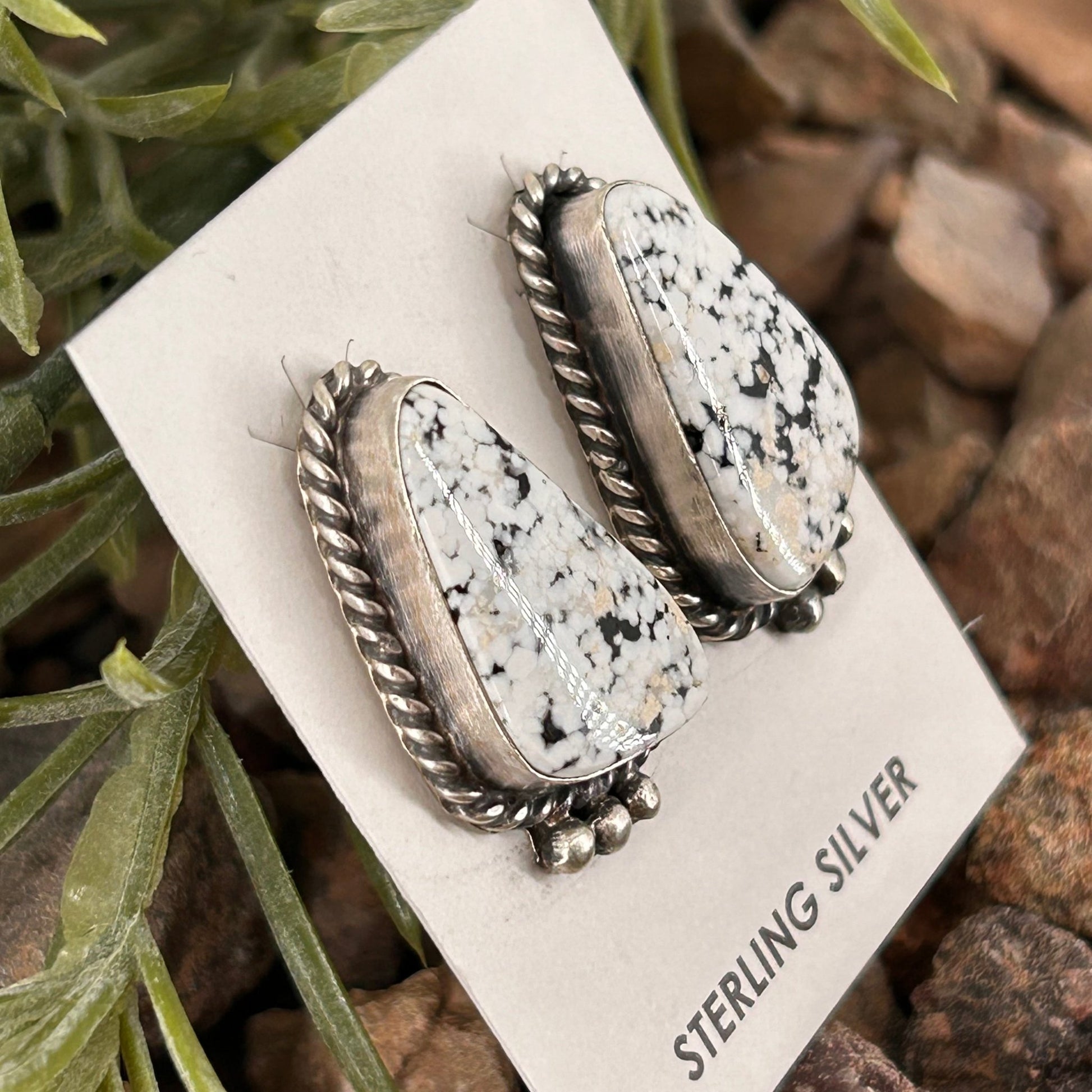 Navajo Sterling White Buffalo Speckled Braided Rope Trim Stud Earrings - Earrings - Judith Dixon - Turquoise Sunset!