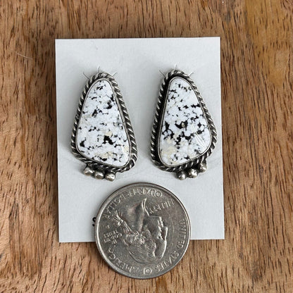 Navajo Sterling White Buffalo Speckled Braided Rope Trim Stud Earrings - Judith Dixon - Turquoise Sunset!