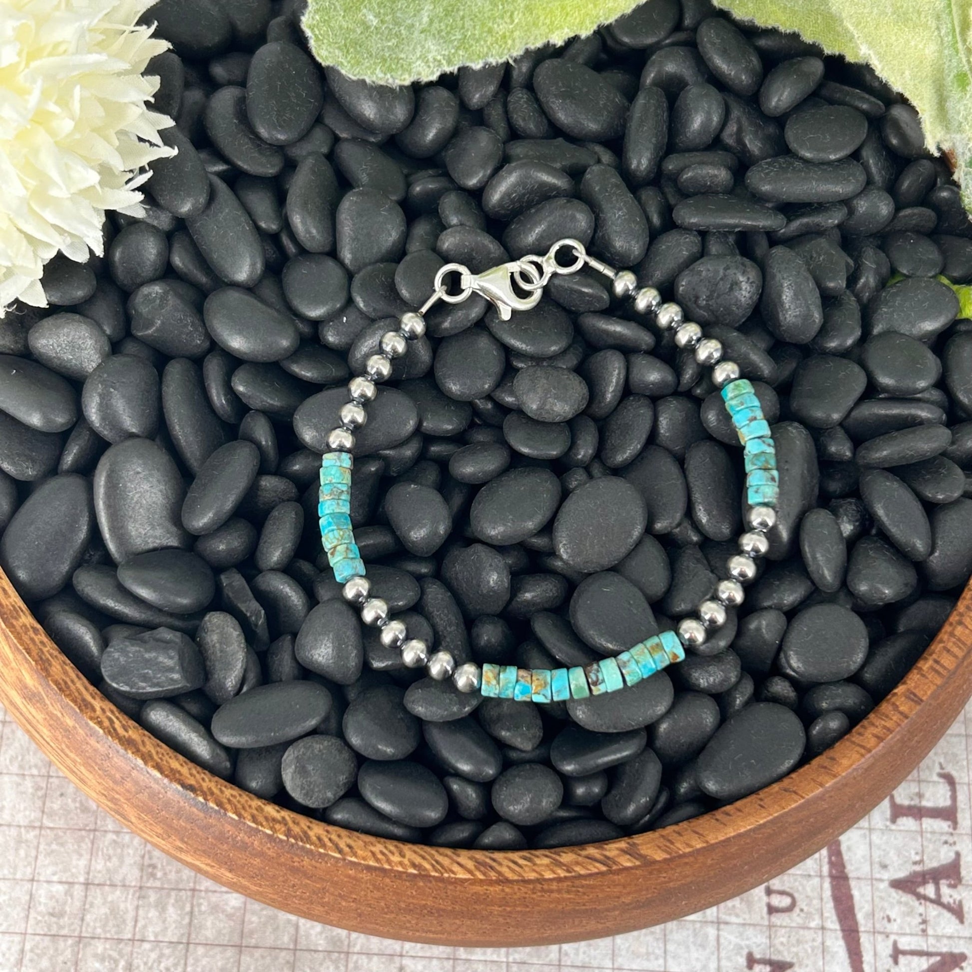 Sterling Pearls Bracelet 4mm w/ Kingman Turquoise Heishi Beads 7" - Bracelets - Stamped - Turquoise Sunset!