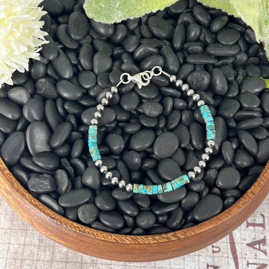Sterling Pearls Bracelet 4mm w/ Kingman Turquoise Heishi Beads 7" - Bracelets - Stamped - Turquoise Sunset!