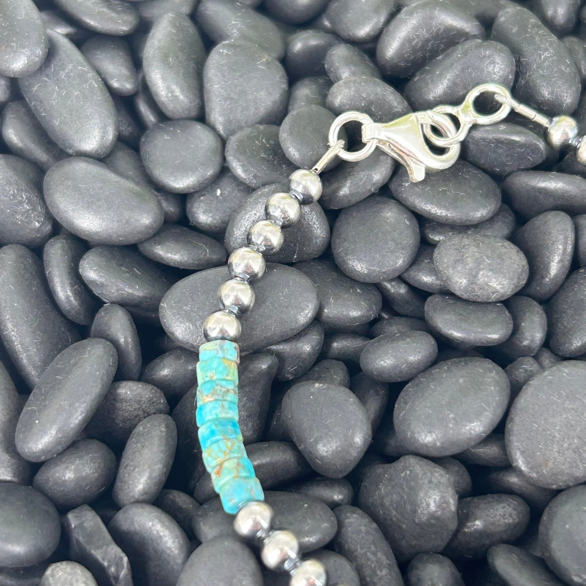 Sterling Pearls Bracelet 4mm w/ Kingman Turquoise Heishi Beads 7" - Bracelets - Stamped - Turquoise Sunset!