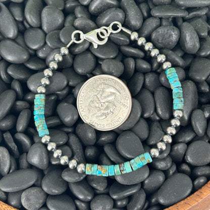 Sterling Pearls Bracelet 4mm w/ Kingman Turquoise Heishi Beads 7" - Stamped - Turquoise Sunset!